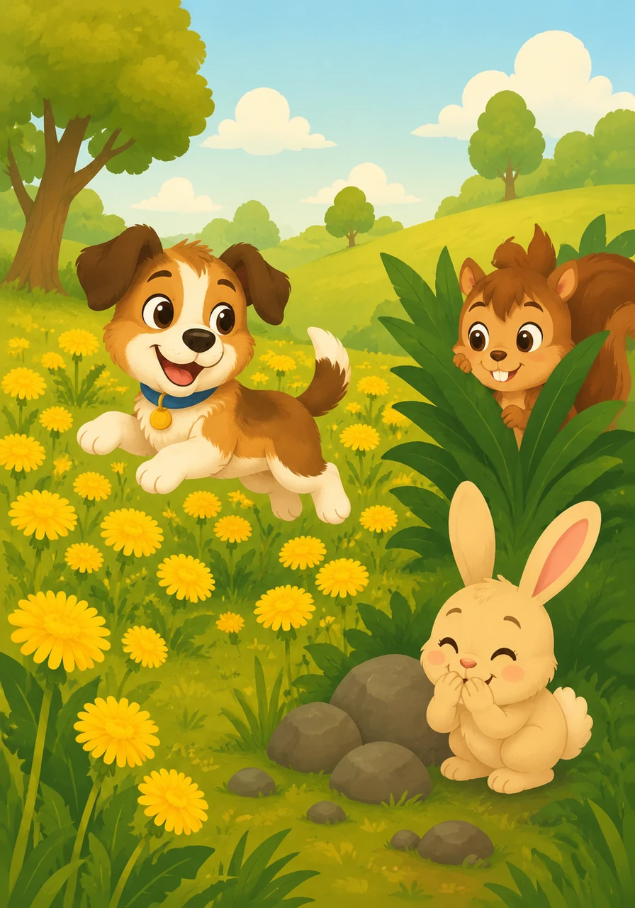 One warm afternoon, Milo played hide-and-seek with his best friends, Pip the squirrel and Cleo the bunny. They giggled and ran through the patch of bright yellow dandelions. Milo bounced in the air, trying to find a good hiding spot.