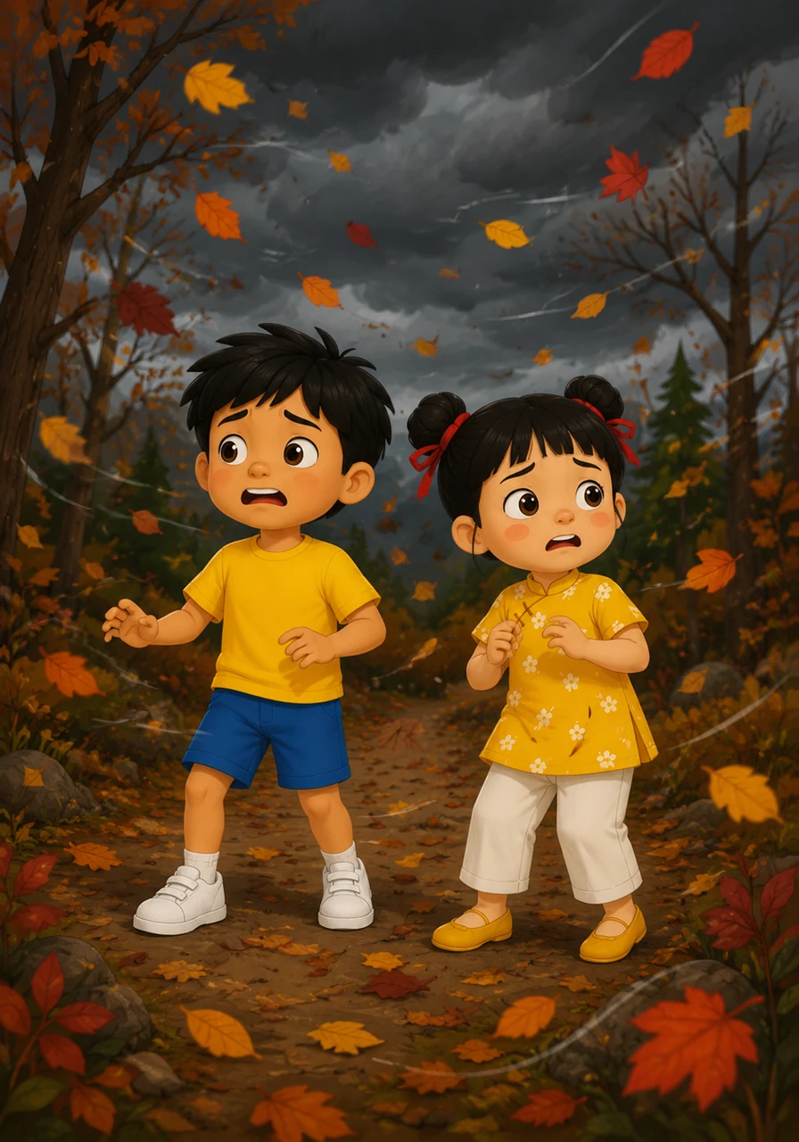 Suddenly, thick grey clouds rolled in and completely blocked the bright sun. The cheerful forest turned very dark, and a strong wind started to blow the autumn leaves. Pip and Cleo looked around, feeling scared because they could not see the path home.