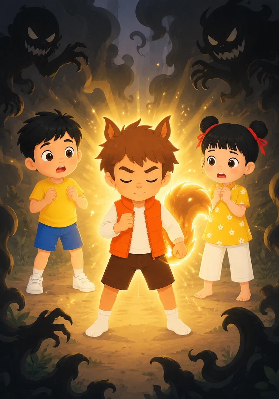 Milo knew he had to be brave and help his frightened friends. He took a deep breath, concentrated hard, and his tiny tail began to glow with a warm, brilliant golden light. The bright glow drove away the scary shadows around them.