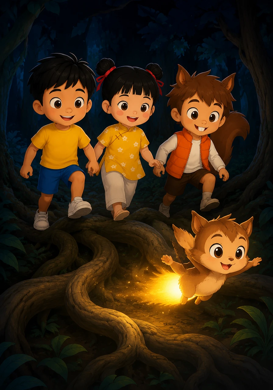 With his bottom shining like a little lantern, Milo flew ahead to show the way. Pip and Cleo smiled with relief and followed the bright golden path closely behind him. They walked carefully through the dark, twisting tree roots.