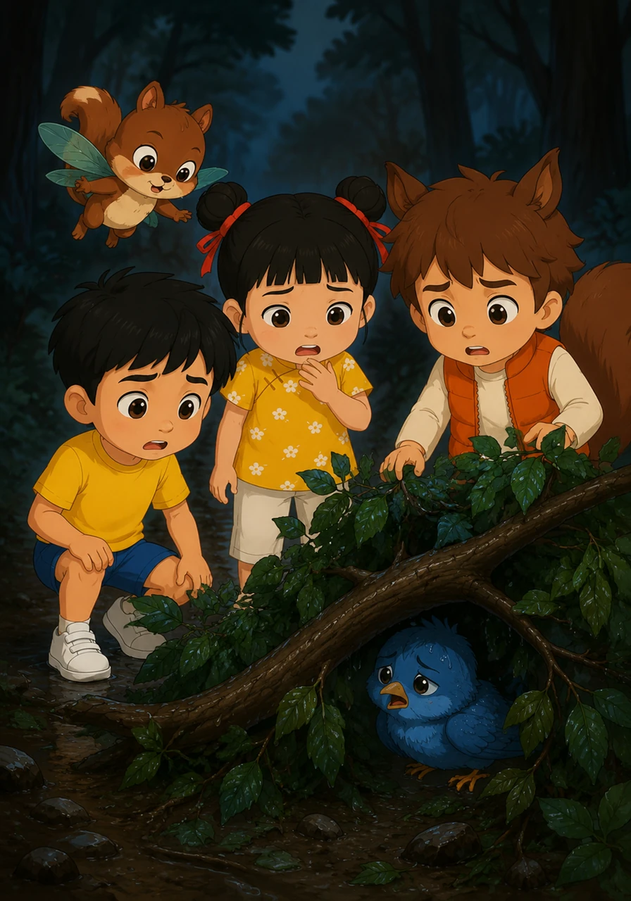 On their way, they heard a soft crying sound coming from a thick bush. Milo flew closer and discovered a little lost bluebird trapped under a fallen wet branch. The poor bird was shivering and could not find her nest in the dark.