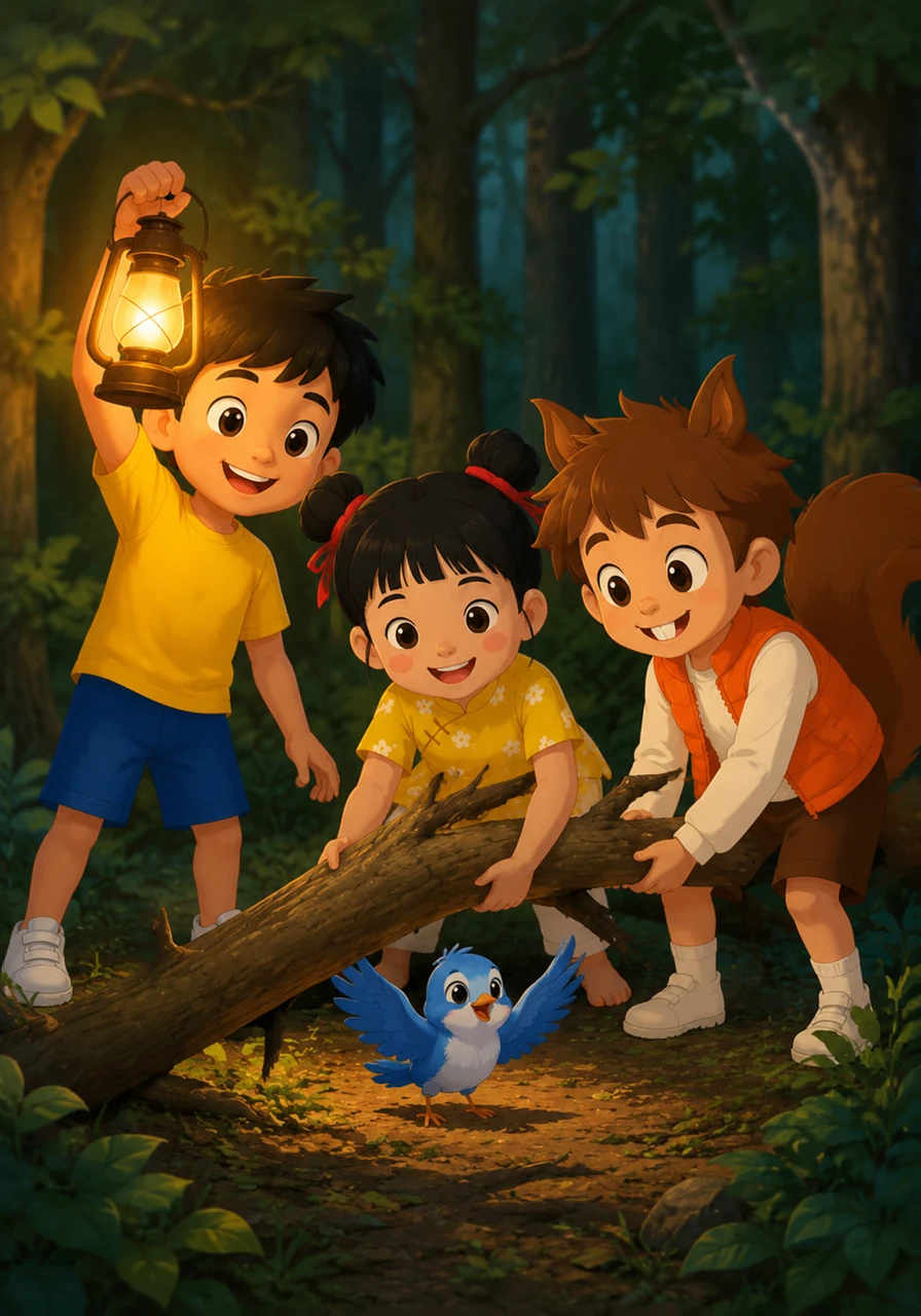Milo held his light high while Pip and Cleo worked together to lift the heavy branch. With a big push, they freed the little bluebird, who chirped happily and thanked them. Milo felt a warm wave of happiness inside his heart for helping another friend.