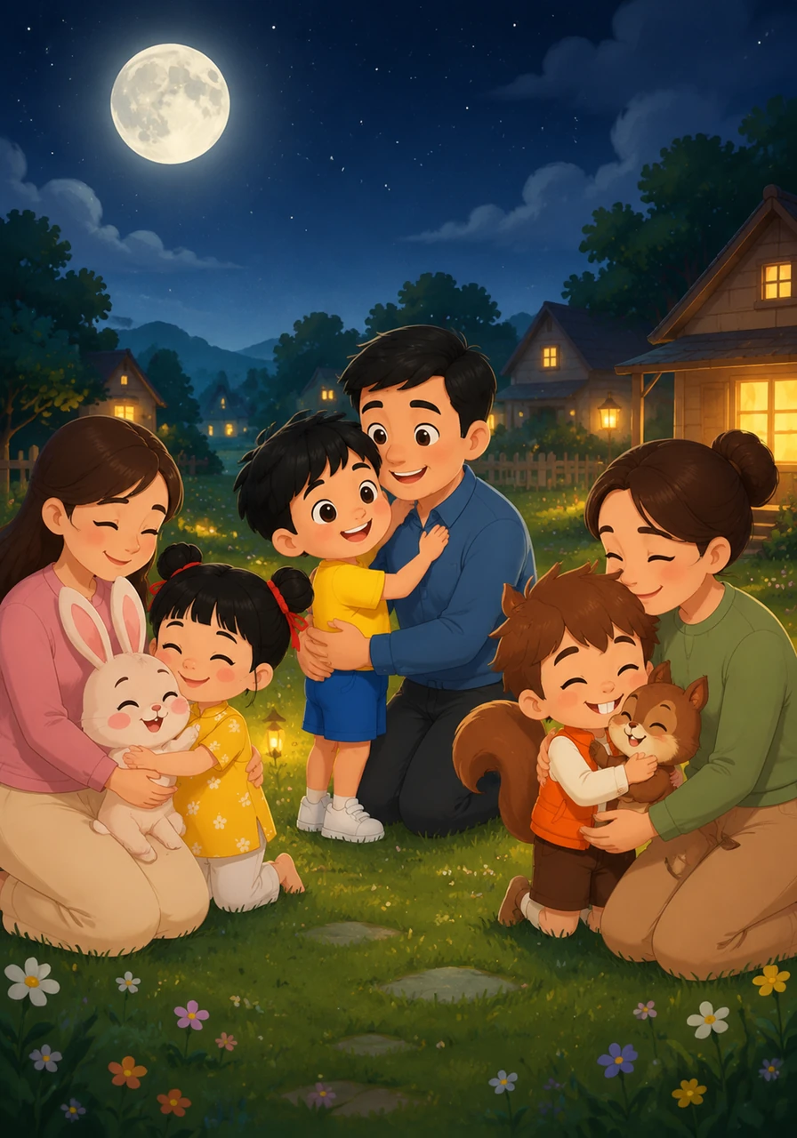 Guided by Milo's steady golden light, the group finally reached the safe, warm meadow near their homes. The storm began to clear, and a beautiful silver moon appeared in the night sky. Parents rushed out to hug the tired but happy little animals.
