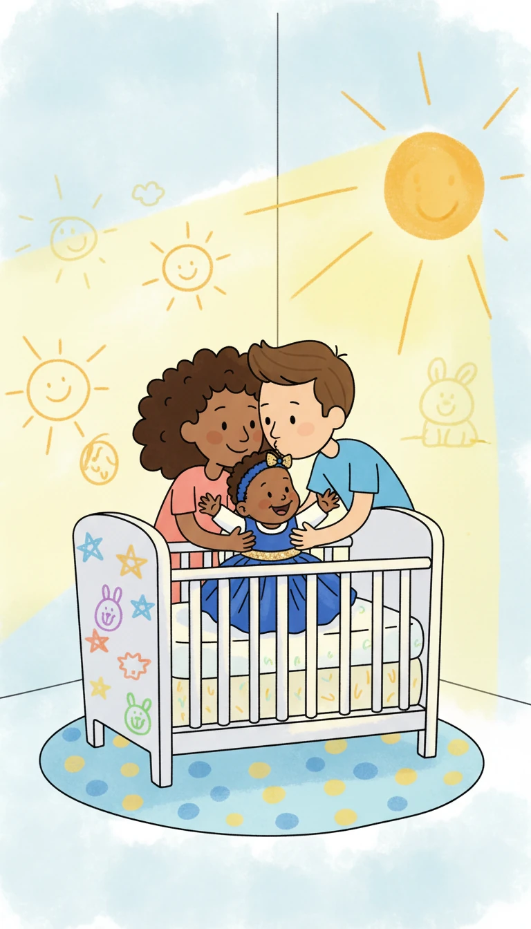 Dans sa chambre ensoleillée, Chloé s'éveillait avec un sourire. Le soleil illuminait les murs décorés de dessins colorés. Ses parents, toujours à ses côtés, l'accueillaient avec des câlins et des baisers.