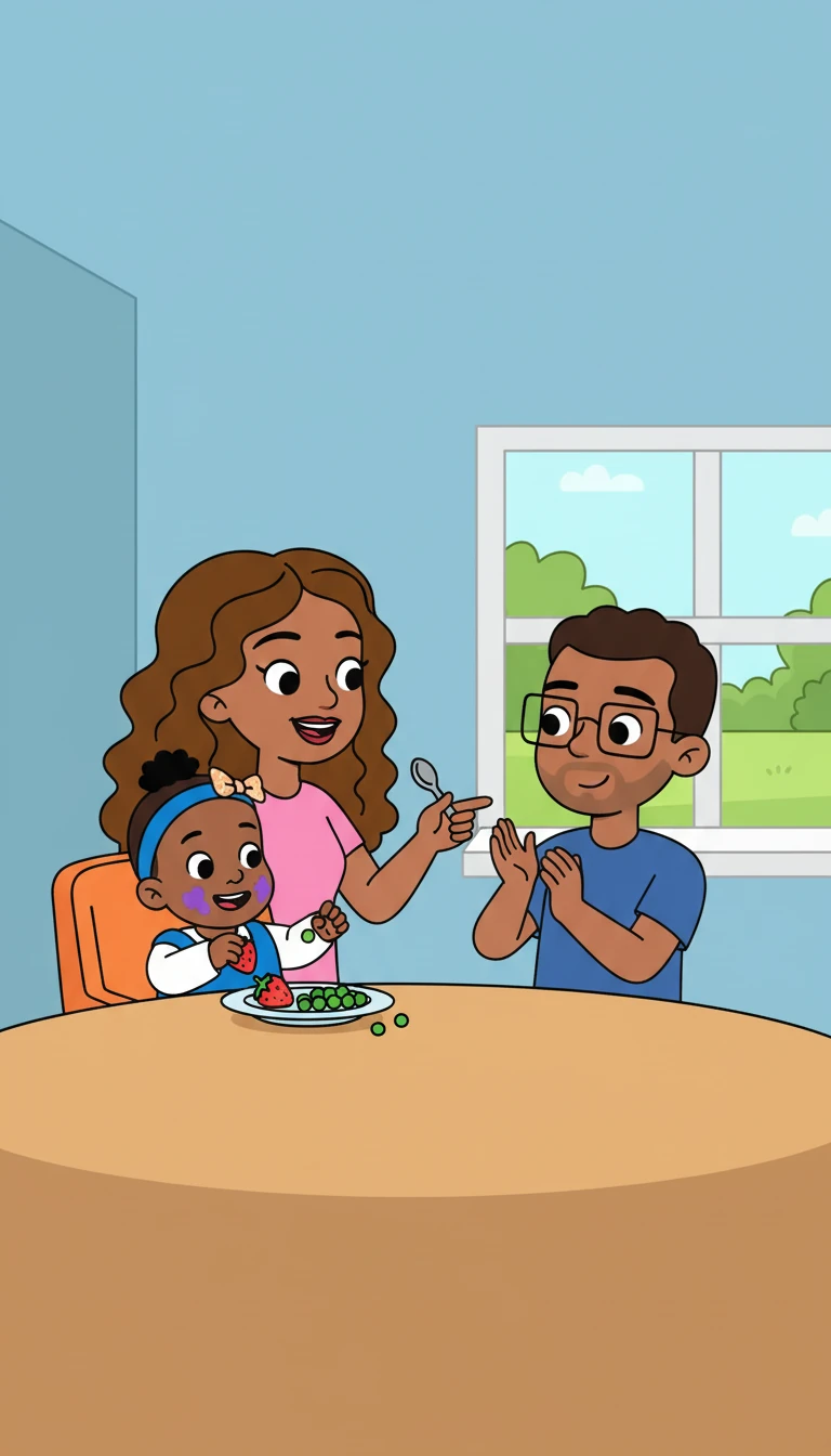 Les repas étaient l'occasion de goûter à de nouvelles saveurs. Chloé, toujours curieuse, explorait les aliments avec ses petites mains. Chance et Sherlie l'encourageaient à découvrir.