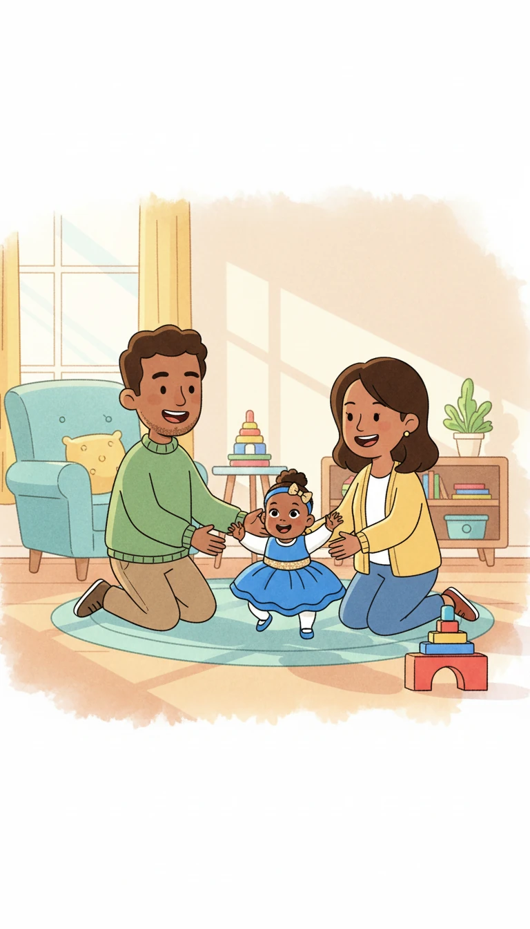 Un jour, Chloé fit ses premiers pas hésitants. Chance et Sherlie, remplis de fierté, l'encouragèrent avec enthousiasme. Ce fut un moment inoubliable pour toute la famille.