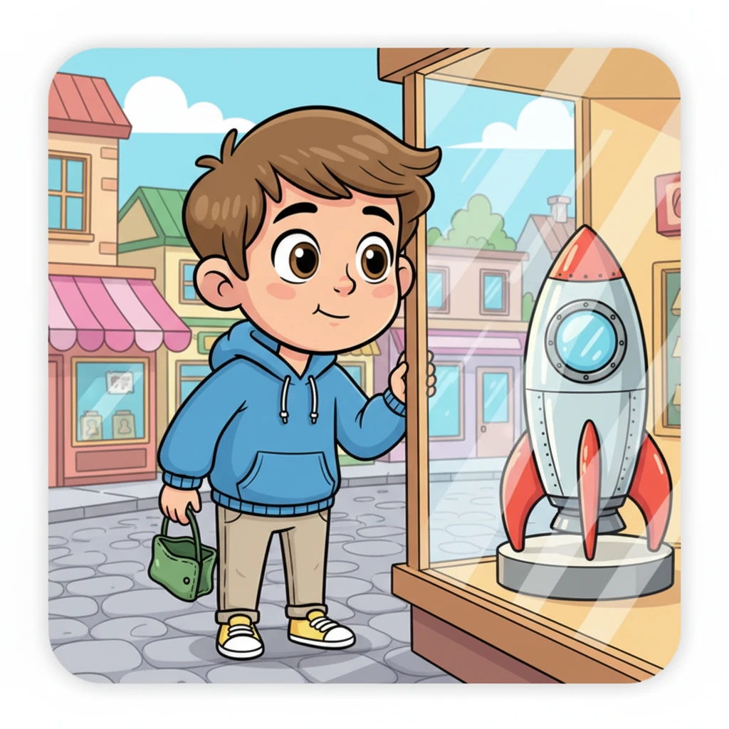 Léo, un garçon aux yeux pétillants, rêvait d'une fusée spatiale étincelante qu'il avait vue en vitrine. Elle était magnifique, mais son porte-monnaie était désespérément vide !