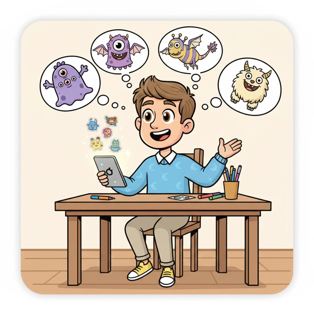 Il eut une idée géniale ! Léo adorait dessiner des monstres rigolos et des animaux farfelus. Et s'il créait des autocollants numériques uniques pour les partager avec d'autres ?