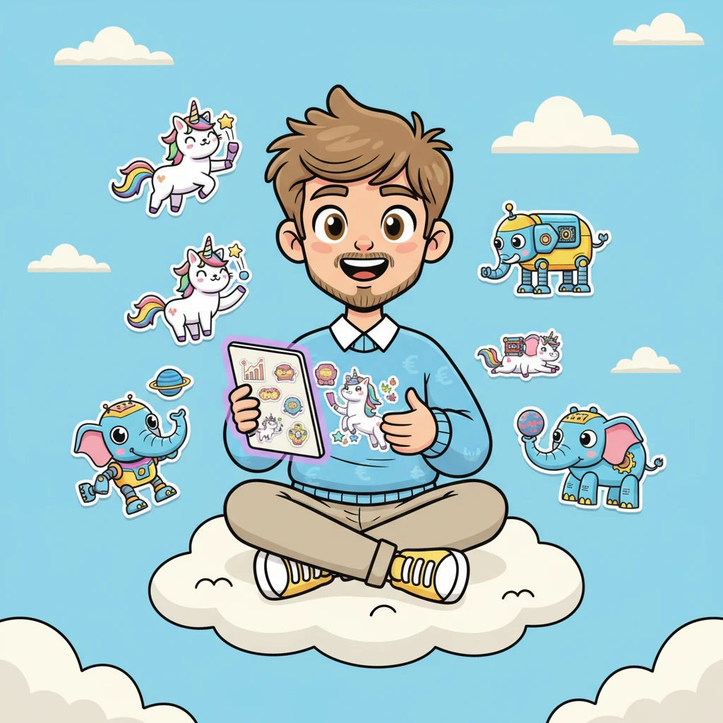 Après des heures de travail joyeux et de gribouillis transformés, Léo avait une collection d'autocollants numériques éclatants. Il avait des chats-licornes espiègles et des robots-éléphants aux couleurs vives.