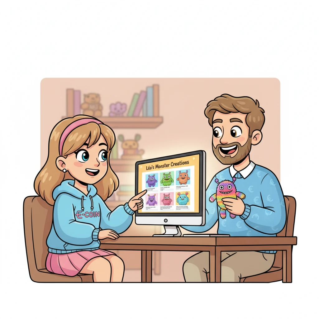 Maman l'aida à créer une petite page web sécurisée, comme une mini-boutique en ligne. Léo y présenta fièrement ses créations, expliquant avec enthousiasme l'histoire de chaque petit monstre.