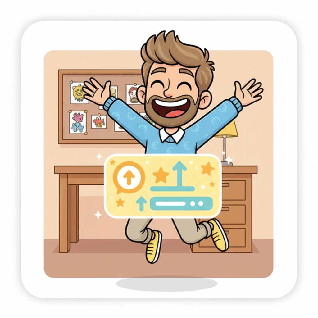 Quelques jours plus tard, une notification joyeuse retentit : 'Félicitations, Léo ! Votre premier autocollant a été vendu !' Léo sauta de joie, un grand sourire éclairant tout son visage.