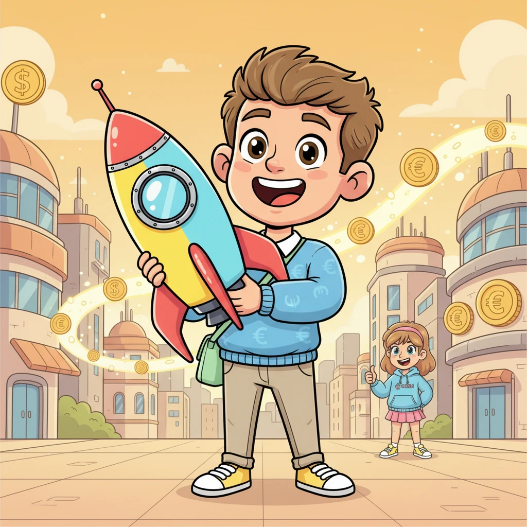 Finalement, Léo put acheter sa fusée spatiale tant désirée ! Il la tenait fièrement, sachant qu'il l'avait gagnée grâce à sa créativité, son travail acharné et la magie des euros en ligne. Quelle belle aventure !