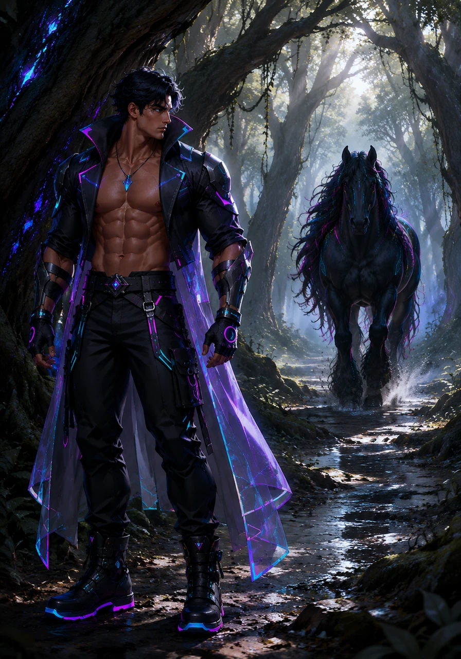 In the heart of the ancient Whisperwood, Alaric stands tall, his muscles rippling under the soft morning light. He waits patiently, listening to the rhythmic thud of heavy hooves echoing through the damp trees.