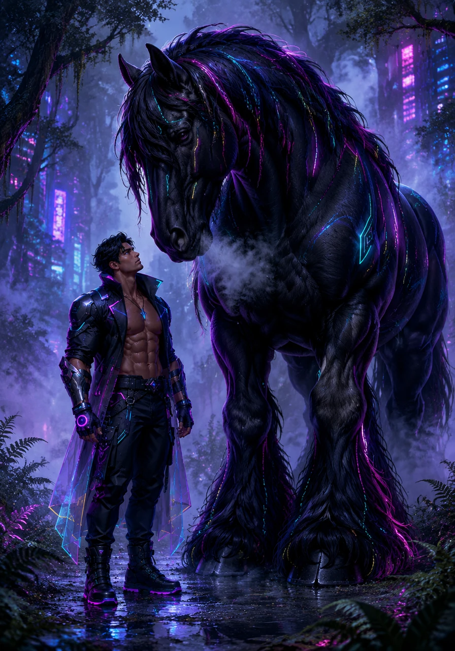 Out of the silver mist emerges Midnight, a Shire horse of impossible proportions with a coat as dark as obsidian. His long, silky feathers brush against the ferns as he approaches his companion with a gentle, resonant huff.