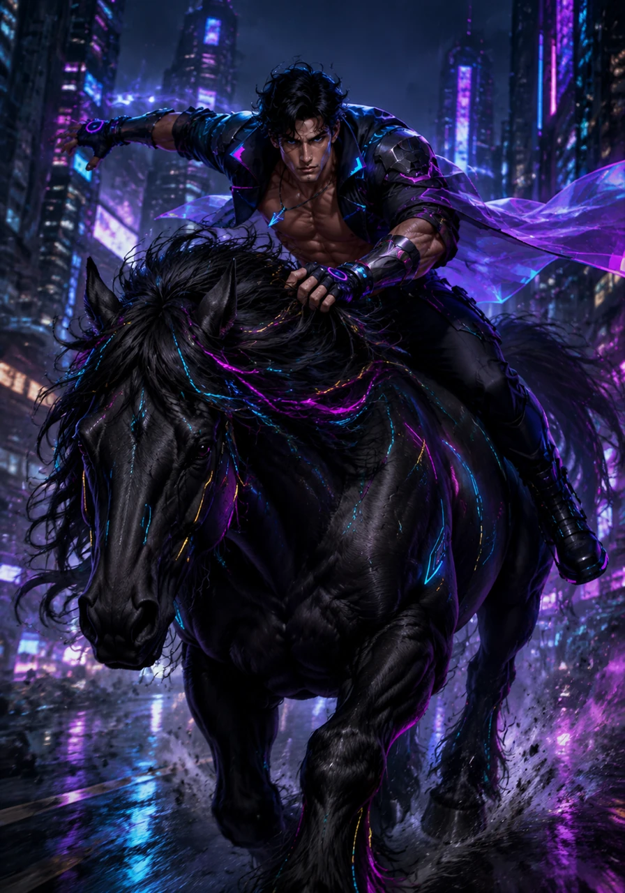 With a single, fluid motion, Alaric leaps onto the broad, muscular back of the great horse. He grips the thick, black mane, his own physical strength mirroring the raw power of the beast beneath him.