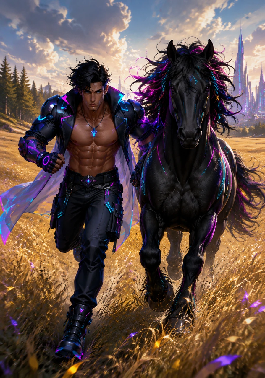 They burst from the forest into a sprawling golden meadow, moving as one cohesive force of nature. The wind whips through Alaric’s hair and Midnight’s flowing mane as they thunder across the open earth with rhythmic grace.