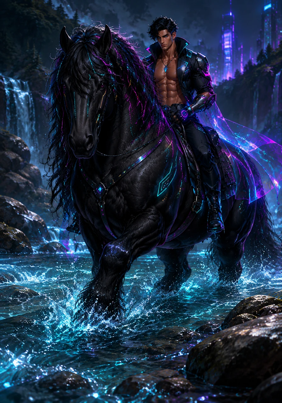 They reach the edge of a crystal-clear river, where the water sparkles like diamonds against Midnight’s dark, powerful legs. The giant horse treads carefully through the current, his immense strength keeping them steady against the rushing flow.