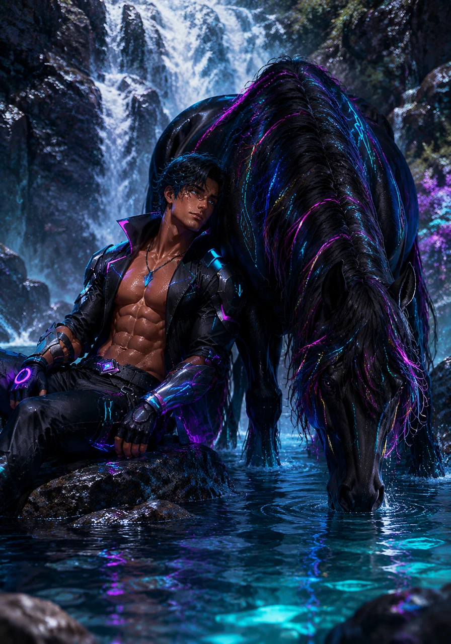 At the base of a roaring waterfall, they pause to rest and drink from the cool, refreshing pool. Alaric leans against the horse’s warm, fluffy flank, admiring the magnificent creature that carries him effortlessly through the world.