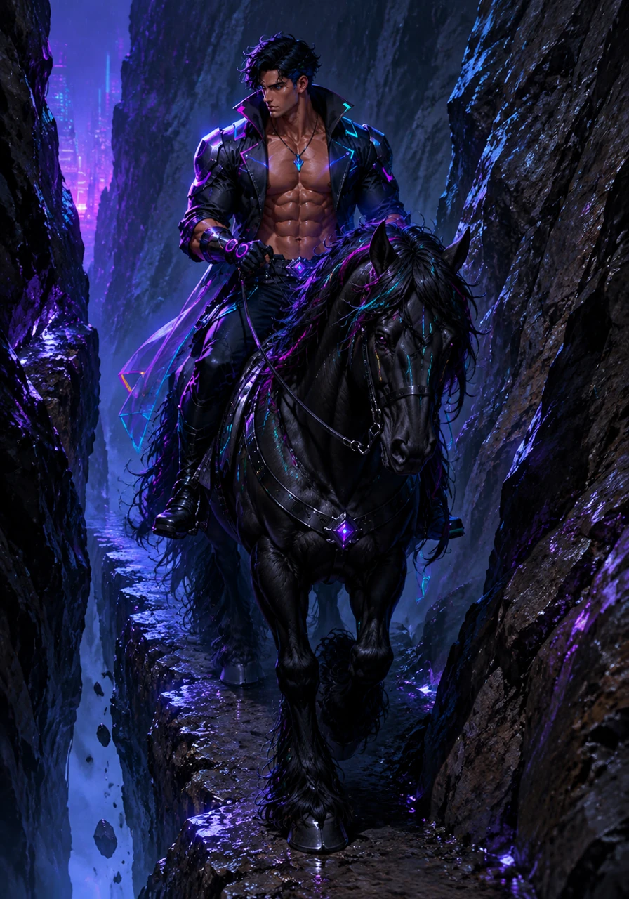 Navigating a narrow, rocky pass requires absolute trust and precision from both rider and horse. Every flex of Alaric’s muscles coordinates with Midnight’s careful steps, proving their unbreakable bond in the face of danger.