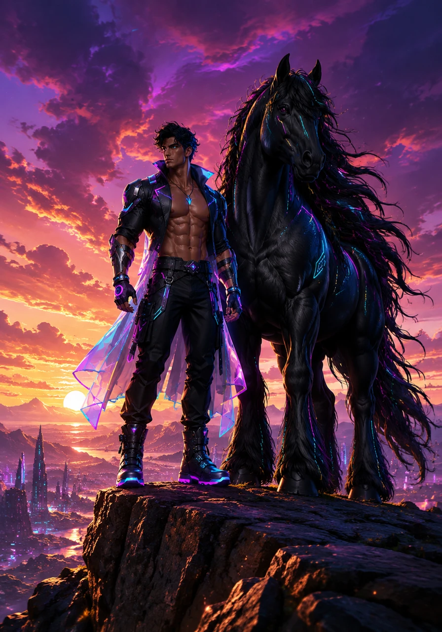 As the sun dips below the horizon, painting the sky in hues of violet and gold, the pair stands atop a jagged cliffside. They are the eternal guardians of the wild, a man and his titan, forever bound by the spirit of the journey.