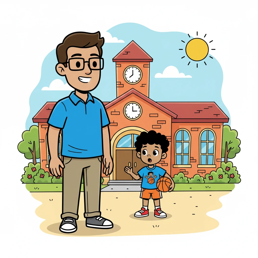 Will, a man with black metal glasses and a friendly smile, stood outside the school. He was waiting for Jackson, who was supposed to be in class. The sun was shining, and the day looked perfect for a game.