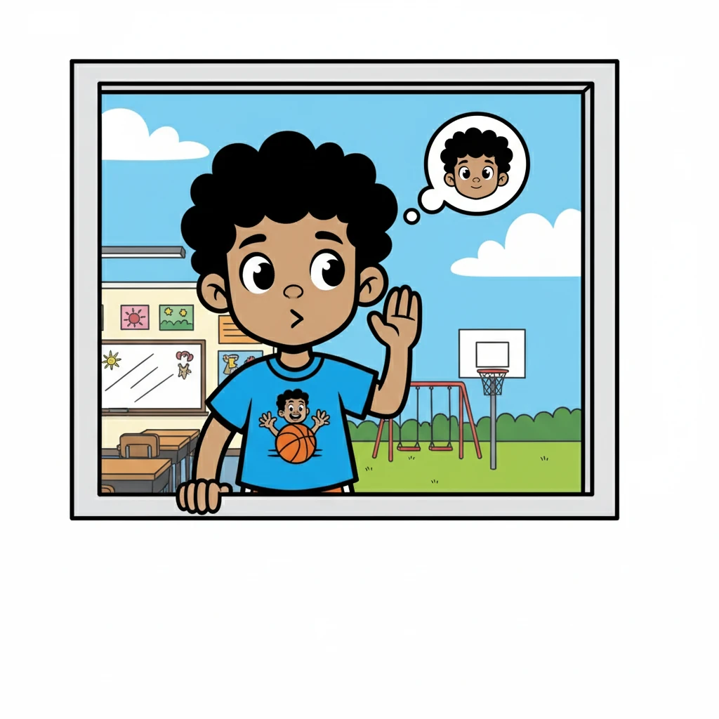 Jackson, a young boy with messy brown hair, peeked out the classroom window. He sighed, wishing he was outside instead of doing schoolwork. His eyes lit up when he saw Will.