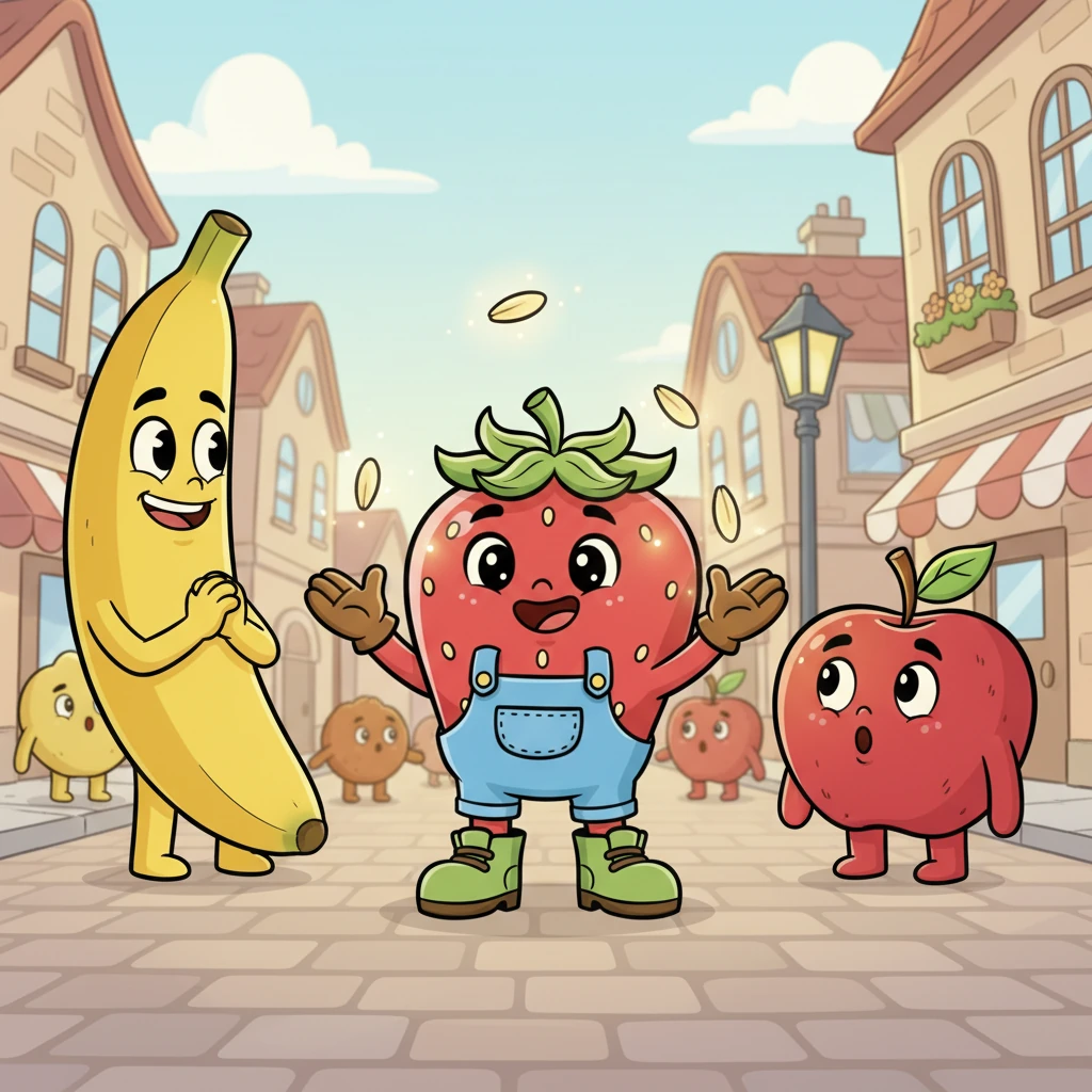 Barry, a tiny, cheerful strawberry with gently glowing seeds, playfully juggles shimmering seeds in the bustling town square of Pantryville. Various food-folk characters, like a tall, grinning banana and a plump, surprised apple, watch him with amused expressions. The scene is bright and full of gentle morning light, hinting at an ordinary day where no one expected anything big, especially from a tiny strawberry.