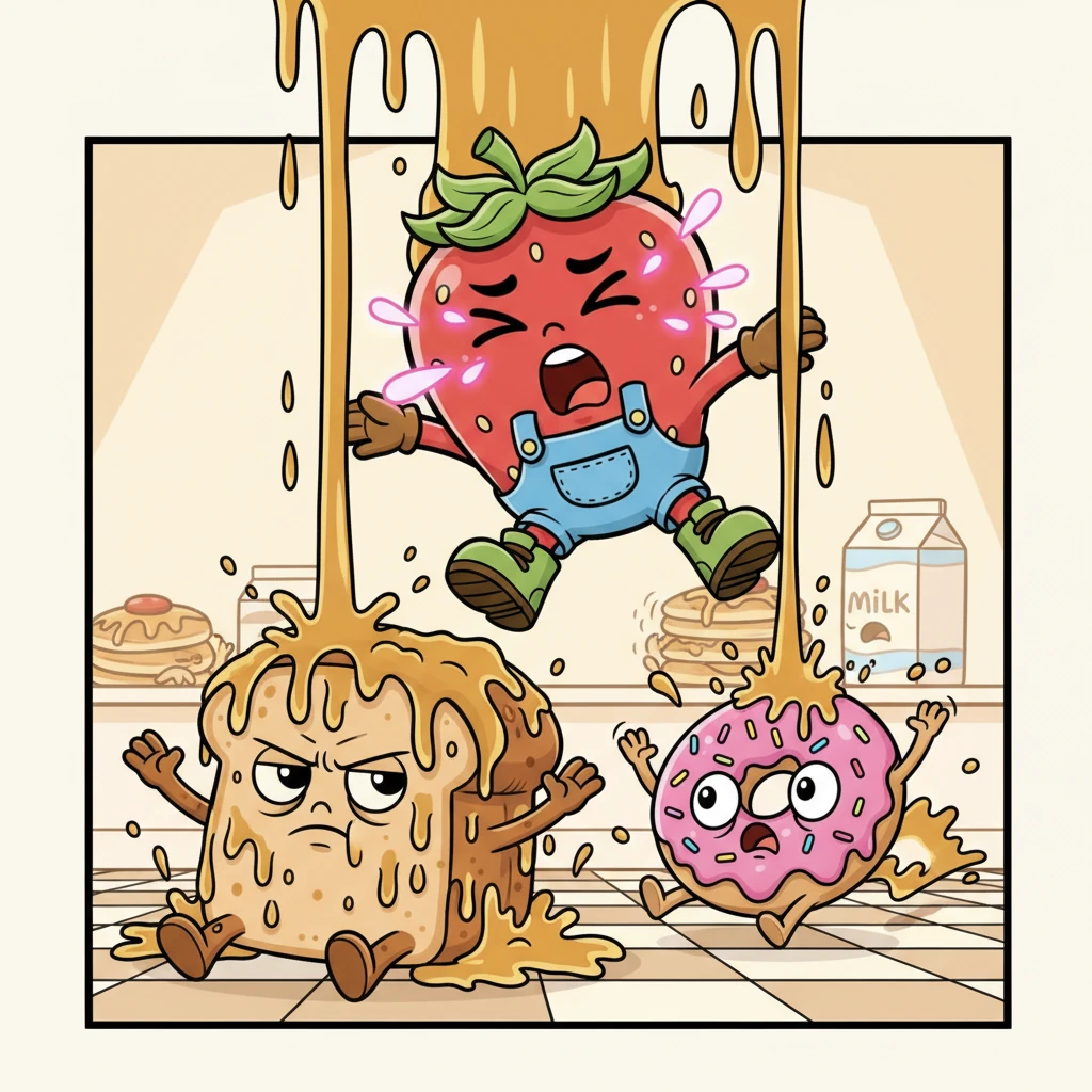 Suddenly, Barry lets out a huge, unexpected sneeze, and a chaotic burst of sticky syrup rains down from above, drenching the unsuspecting Pantryville residents. A grumpy loaf of bread is covered in syrup, while a startled donut slides across the floor, eyes wide with surprise. Barry looks utterly mortified, his seeds pulsing with a bright, embarrassed glow, creating a comic panel of pure pandemonium.