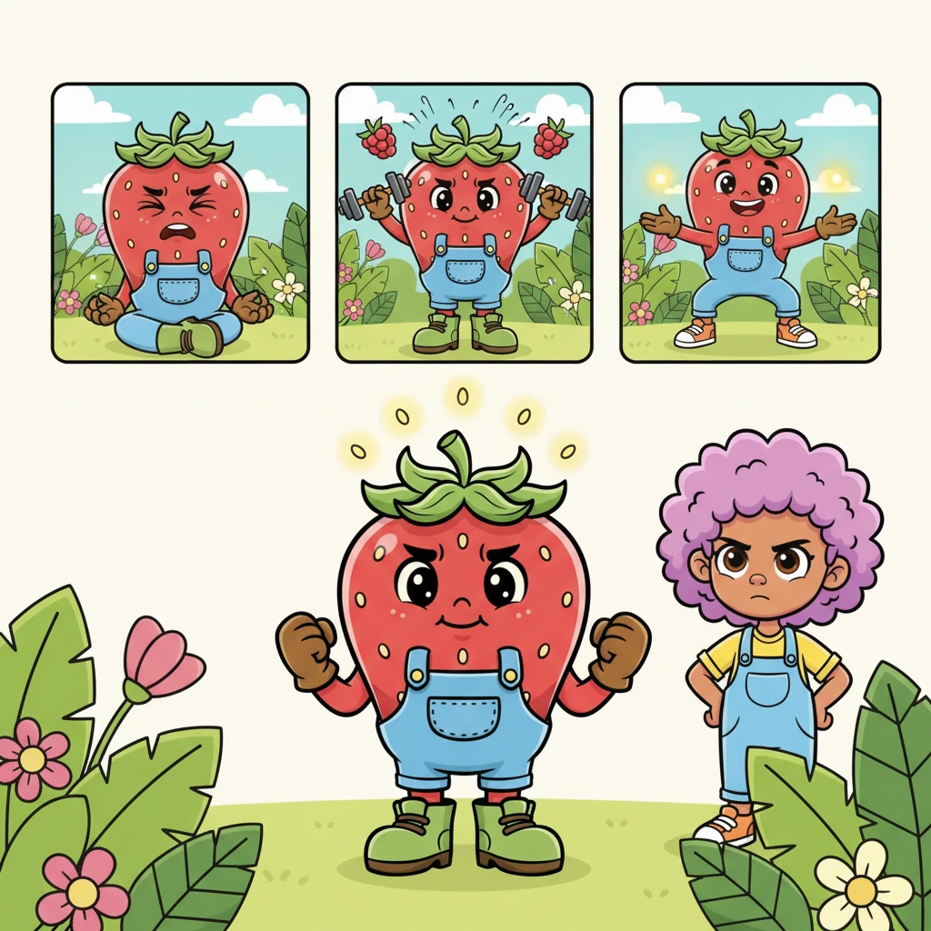 Determined to control his emotional weather, Barry stands tall, clenching his tiny twig fists, declaring he will train to master his powers. A series of small, dynamic panels show him comically trying to meditate, lifting tiny weights made of berries, and attempting to focus his glowing seeds with intense concentration. His expressions range from determined to hilariously frustrated, all under the watchful eye of a stern but hopeful Lilac.