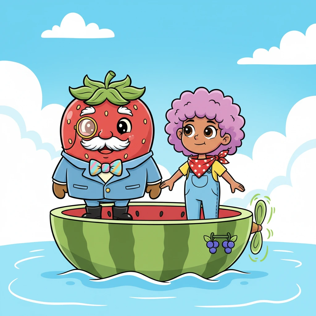 Barry, now with a determined grin, sets off on an adventure with the wise Mayor Tomato, who sports a dignified monocle, and the intrepid Lilac Blueberry, bandana fluttering. They board a whimsical, fruit-powered boat, which is actually a hollowed-out watermelon, ready to sail towards the mysterious Fruitport. The sky above them is a mix of bright blues and fluffy, innocent clouds, reflecting their hopeful journey.