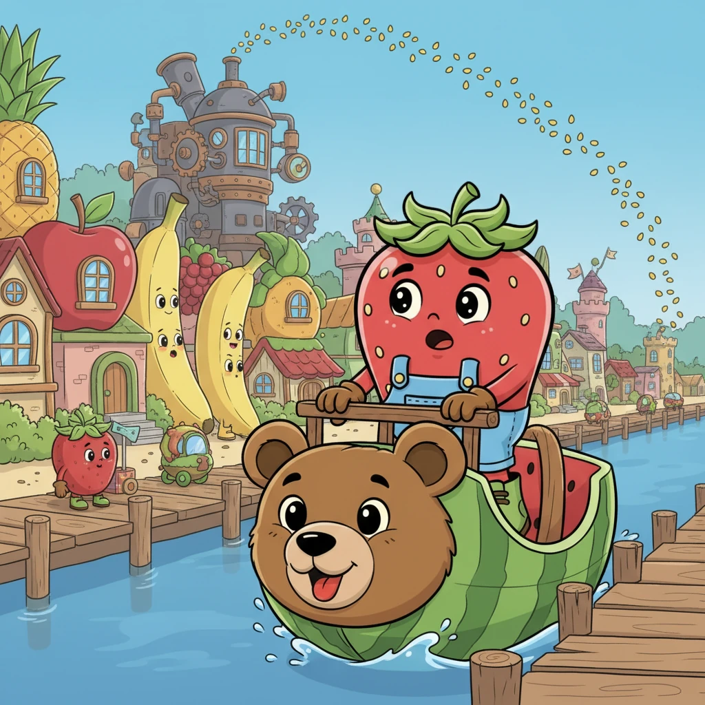 Their journey takes an unexpected turn as their watermelon boat transforms into a goofy, friendly bear-boat, complete with a smiling bear face at the prow, as they approach the bustling docks of Fruitport. The town is a vibrant tapestry of fruit-shaped buildings, and in the distance, a massive, imposing machine looms, spewing tiny, glowing seeds into the air. Barry’s eyes widen in awe and a hint of trepidation.