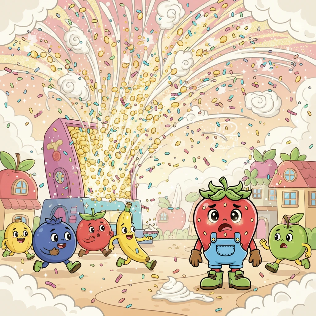 The giant machine at Fruitport is in full chaotic swing, spewing an uncontrollable torrent of glowing seeds that explode into dazzling, multi-colored confetti weather. Tiny rain showers of sprinkles, gusts of whipped cream, and bursts of shimmering glitter fill the air, causing the fruit-folk residents of Fruitport to run around in delightful, yet slightly overwhelmed, panic. Barry watches, his own seeds beginning to glow with growing anxiety.