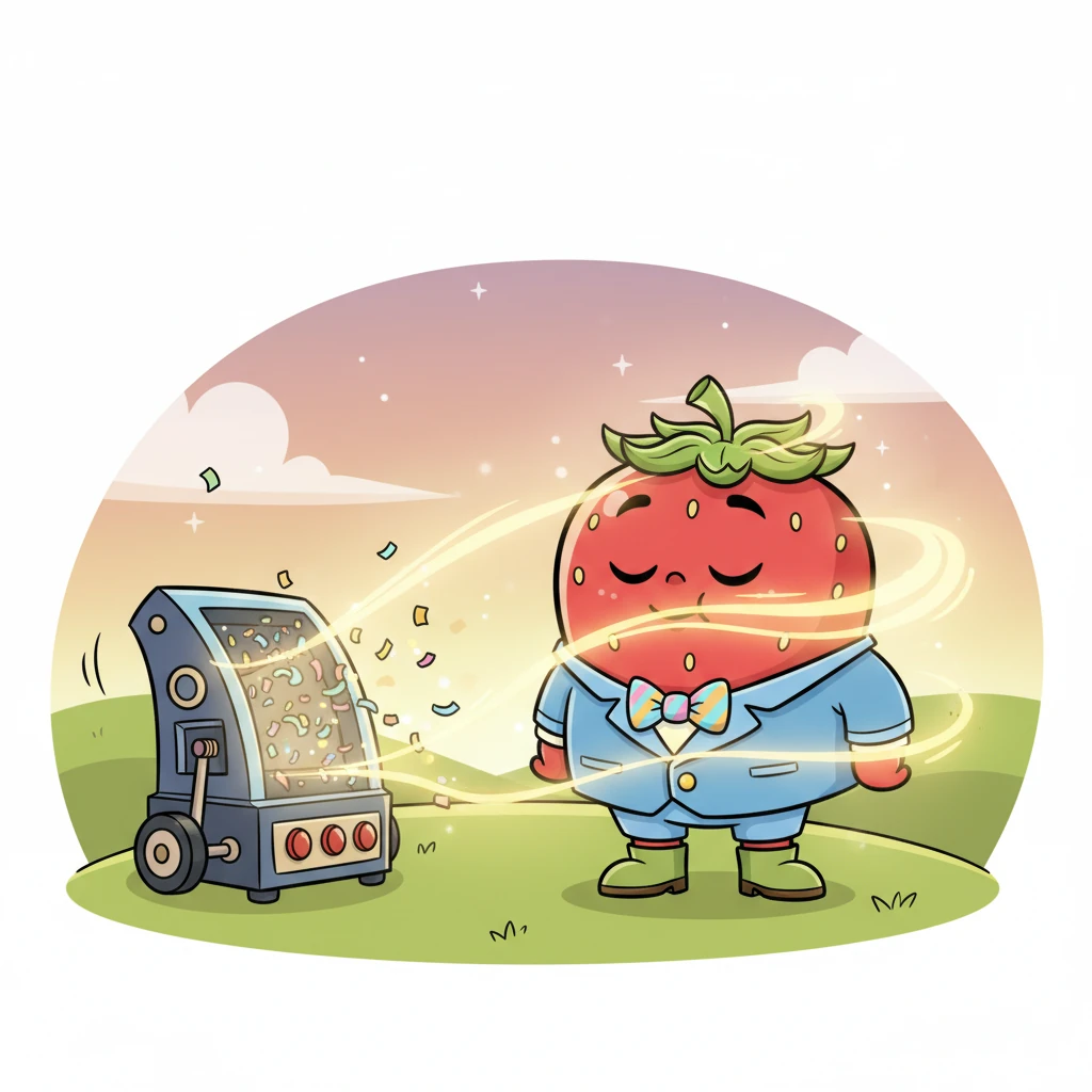 Barry, closing his eyes, takes a deep, calming breath, focusing his inner strength as his seeds glow with a brilliant, warm golden light, emanating pure tranquility. This serene energy spreads outwards, gently enveloping the out-of-control machine, causing its chaotic confetti storm to slowly fade and then completely cease. An ethereal, soft light bathes the scene, highlighting Barry’s peaceful, determined expression.