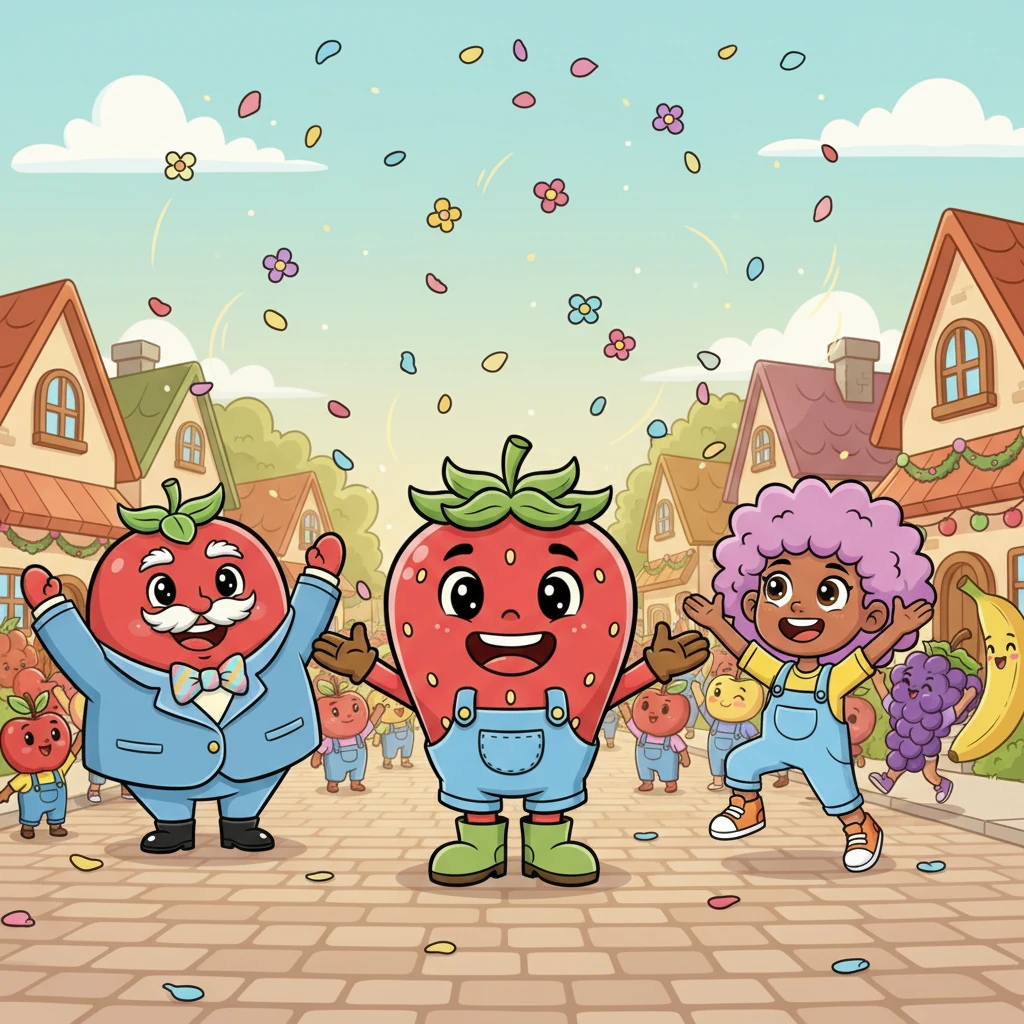 Fruitport erupts in joyous celebration! The fruit-folk cheer wildly, tossing tiny, edible flowers into the air as Barry, now beaming with quiet confidence, stands proudly alongside Mayor Tomato and Lilac. The air is filled with happy chatter and the delicious scent of ripe fruit, a testament to Barry’s newfound control and bravery.