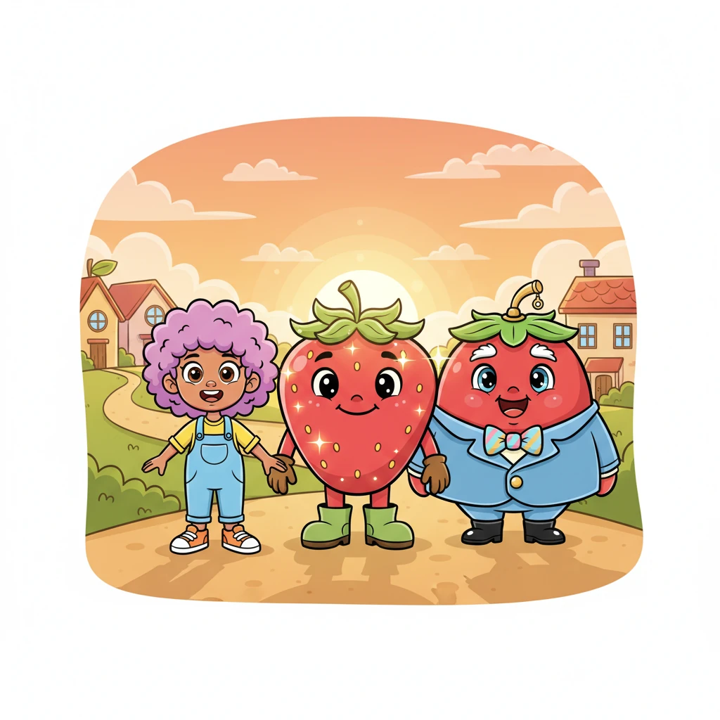 Under a warm, setting sun that casts a gentle glow over Fruitport, Barry, Lilac, and Mayor Tomato share a triumphant, heartwarming smile. Barry's seeds shimmer softly, a symbol of his growth, as the last rays of light touch the peaceful town. The scene encapsulates a feeling of hope and the powerful message that one seed can change everything.