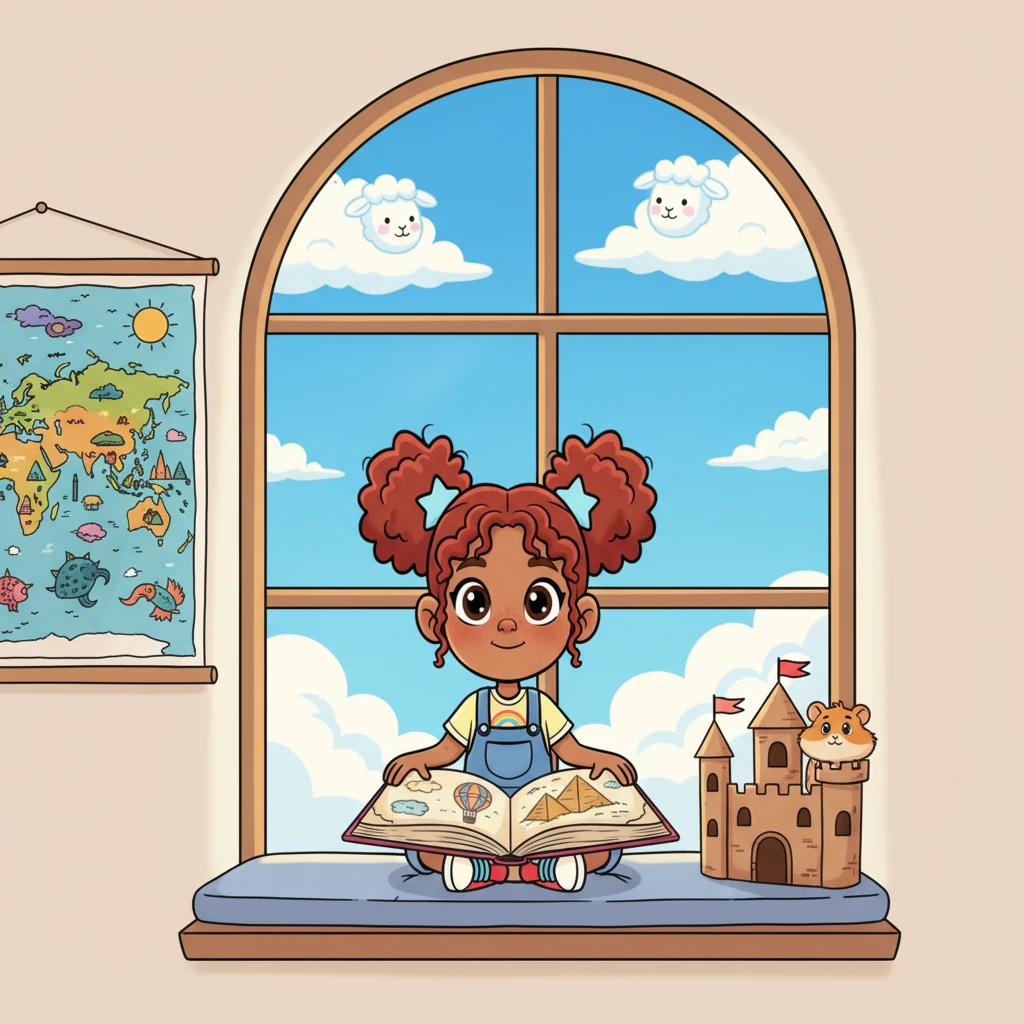 Lily Bloom, a girl with bright, inquisitive eyes and a wild mop of red hair, sat cross-legged on her cozy window seat. Outside, fluffy clouds drifted by, looking like friendly sheep on an endless blue pasture. A colorful, oversized map of the world hung playfully on the wall beside her, inviting her to explore. Her trusty pet hamster, Pip, peeked curiously from a tiny, handcrafted cardboard castle. Lily loved learning, especially when her classroom was the whole wide world.