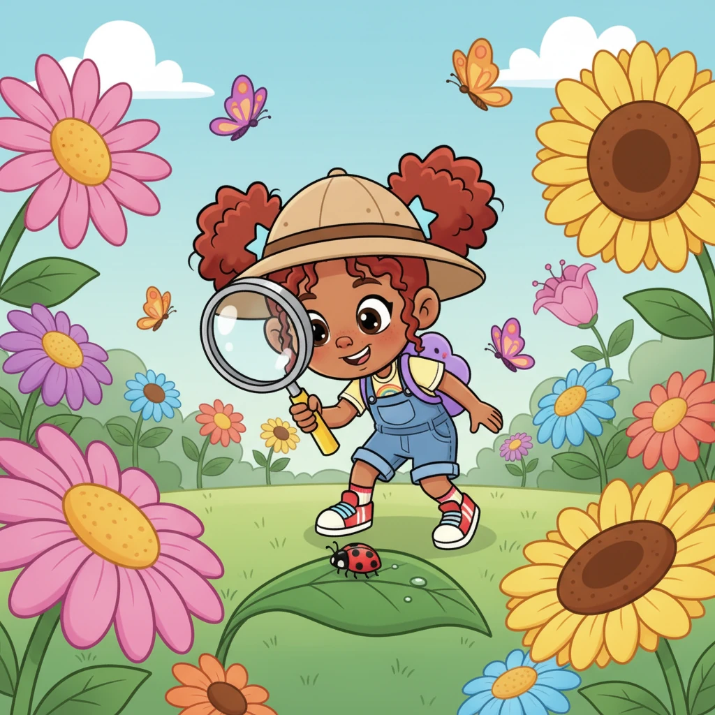 One sunny afternoon, Lily tiptoed through her vibrant backyard, a wide-brimmed explorer's hat perched jauntily on her head. She held a giant magnifying glass, peering intently at a tiny ladybug crawling across a dew-kissed leaf. Around her, exaggerated flowers bloomed in every color imaginable, and cheerful butterflies flitted past, making the garden feel like a bustling miniature jungle.