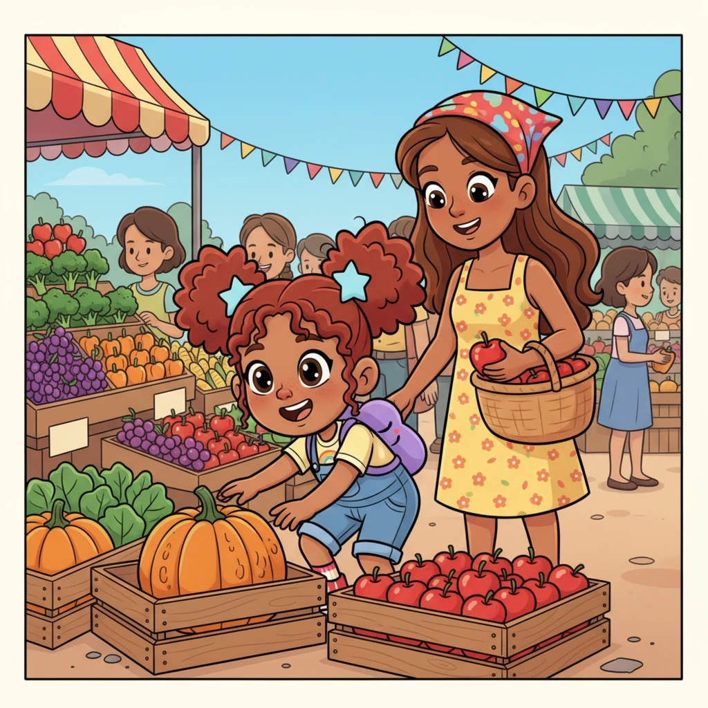 At the bustling farmer's market, Lily's eyes sparkled as she helped her mom pick out juicy red apples and plump orange pumpkins. She carefully counted each one, her small fingers tracing the bumpy textures of the fresh produce. The air was filled with the happy chatter of vendors and the vibrant hues of fruits and vegetables stacked in whimsical pyramids.