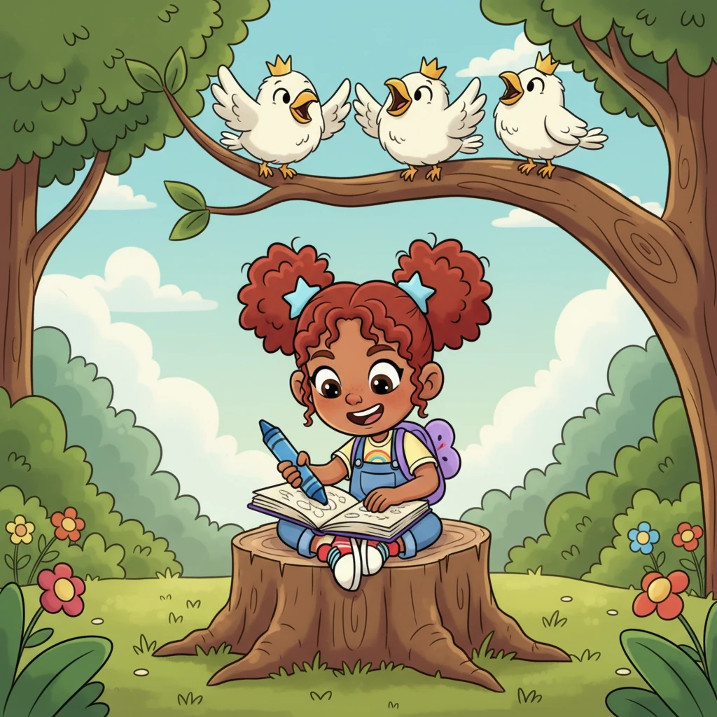 In the park, Lily sat on a giant, friendly-looking tree stump, sketching furiously in her well-worn notebook. A flock of cartoonishly fluffy birds, with exaggerated beaks and tiny crowns, chirped playfully on a nearby branch. She imagined herself a famous ornithologist, documenting every feather and song, her imagination soaring higher than the tallest oak.