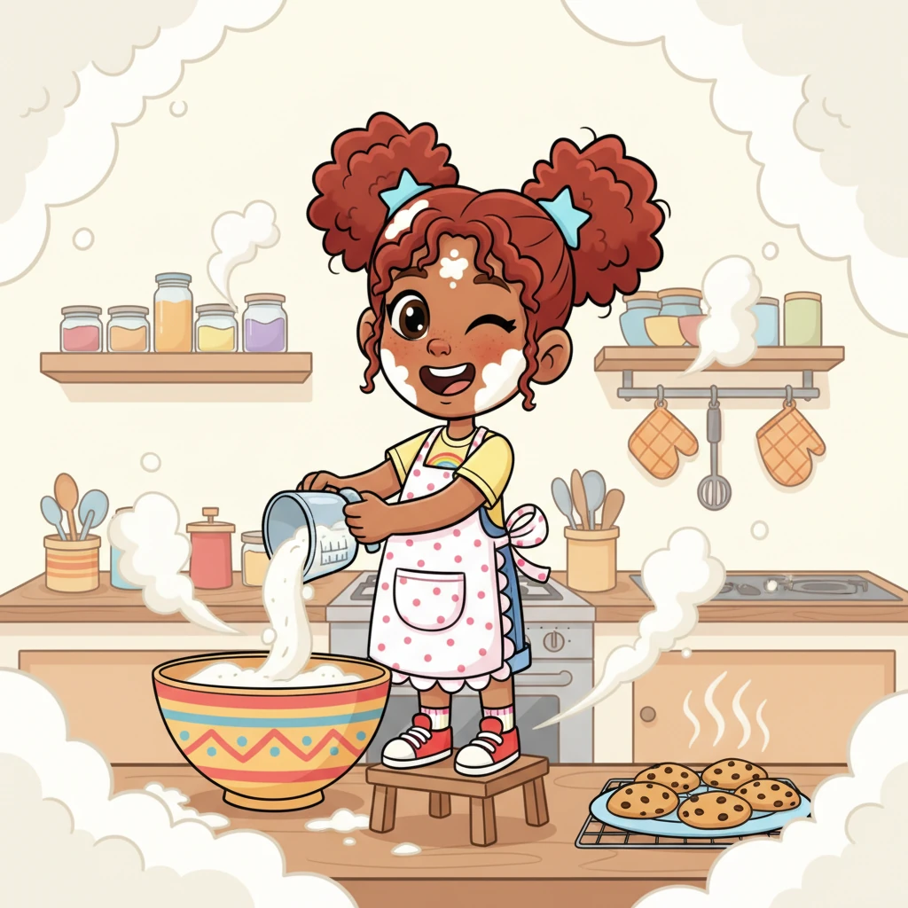 Back in her cozy kitchen, Lily, wearing an apron almost as big as she was, giggled as she carefully measured flour into a mixing bowl. Clouds of flour dust billowed comically, making her look like a tiny baker in a snowy wonderland. The warm, inviting aroma of chocolate chip cookies filled the air, promising a delicious reward for her culinary calculations.