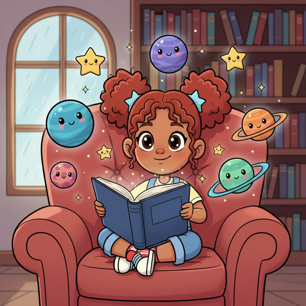 One rainy day, Lily snuggled into an oversized armchair at the town library, completely lost in a book about the cosmos. Giant, sparkling planets and friendly-faced stars floated around her in her imagination, as if she were an astronaut drifting through a whimsical galaxy. The quiet library hummed with untold stories, each waiting for a curious reader like Lily.