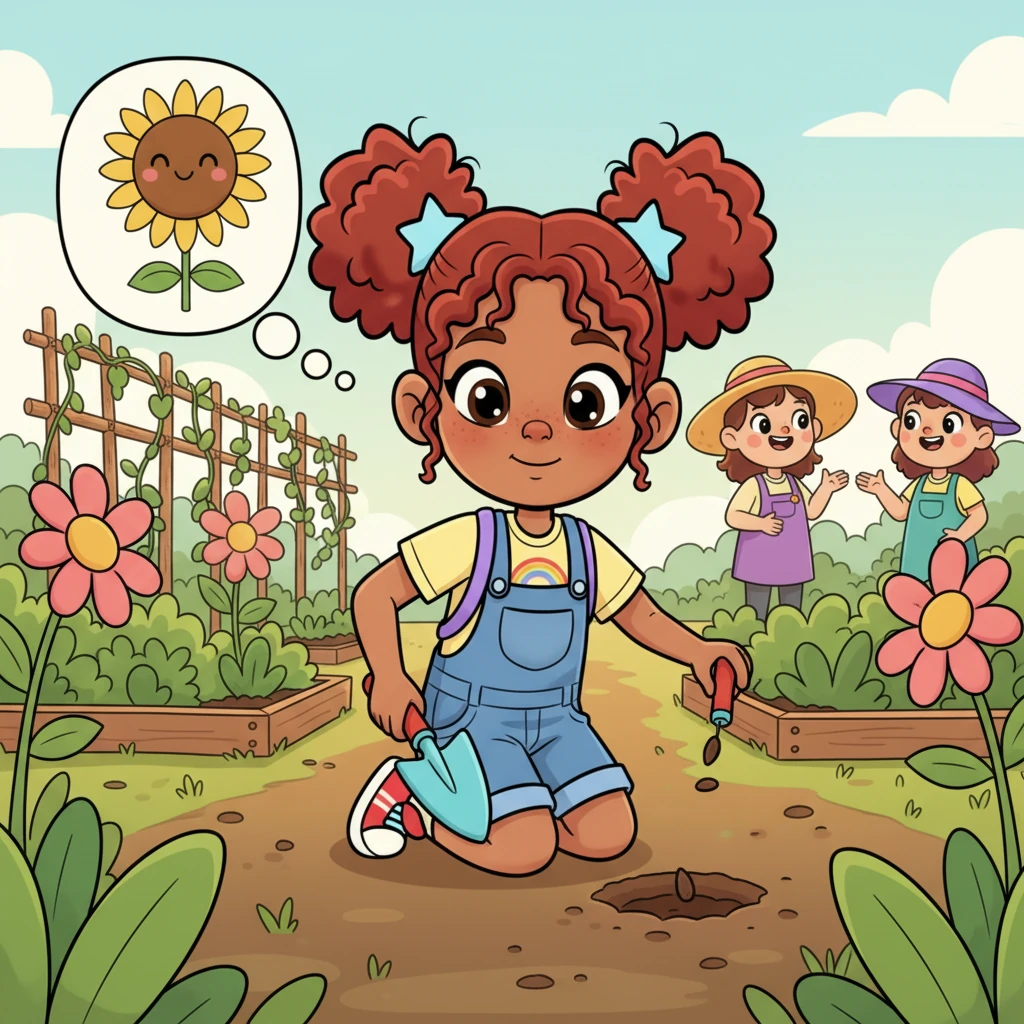In the sun-drenched community garden, Lily carefully dug a small hole with a tiny, brightly colored trowel. She gently placed a tiny seed into the earth, imagining it growing into a towering sunflower with a cheerful face. Around her, other gardeners, with exaggerated straw hats and rosy cheeks, smiled warmly, sharing their love for growing things.