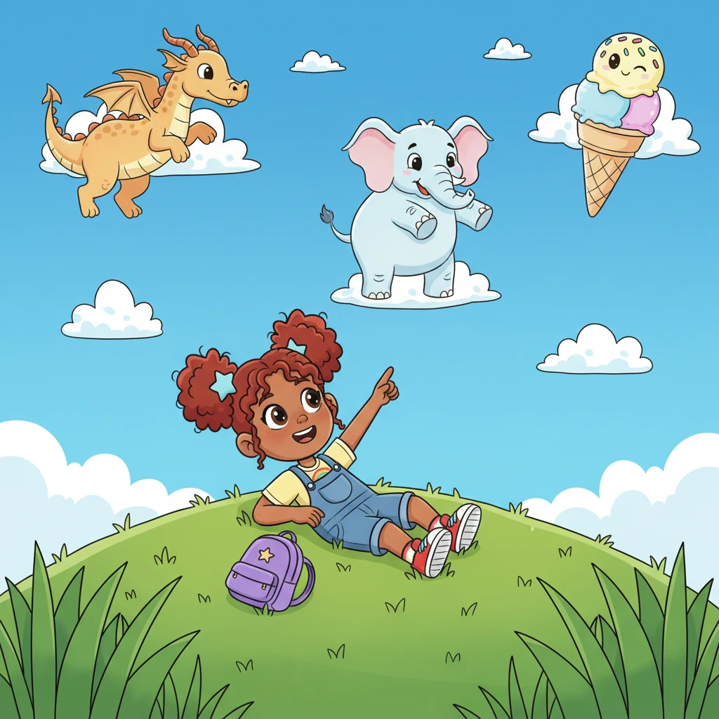 Lying on a soft, green hill, Lily pointed excitedly at the sky, her imagination running wild. The fluffy white clouds above transformed into a charging dragon, a dancing elephant, and a giant, winking ice cream cone. Each cloud-shape sparked a new, fantastical story in her mind, turning the sky into her own personal storybook.