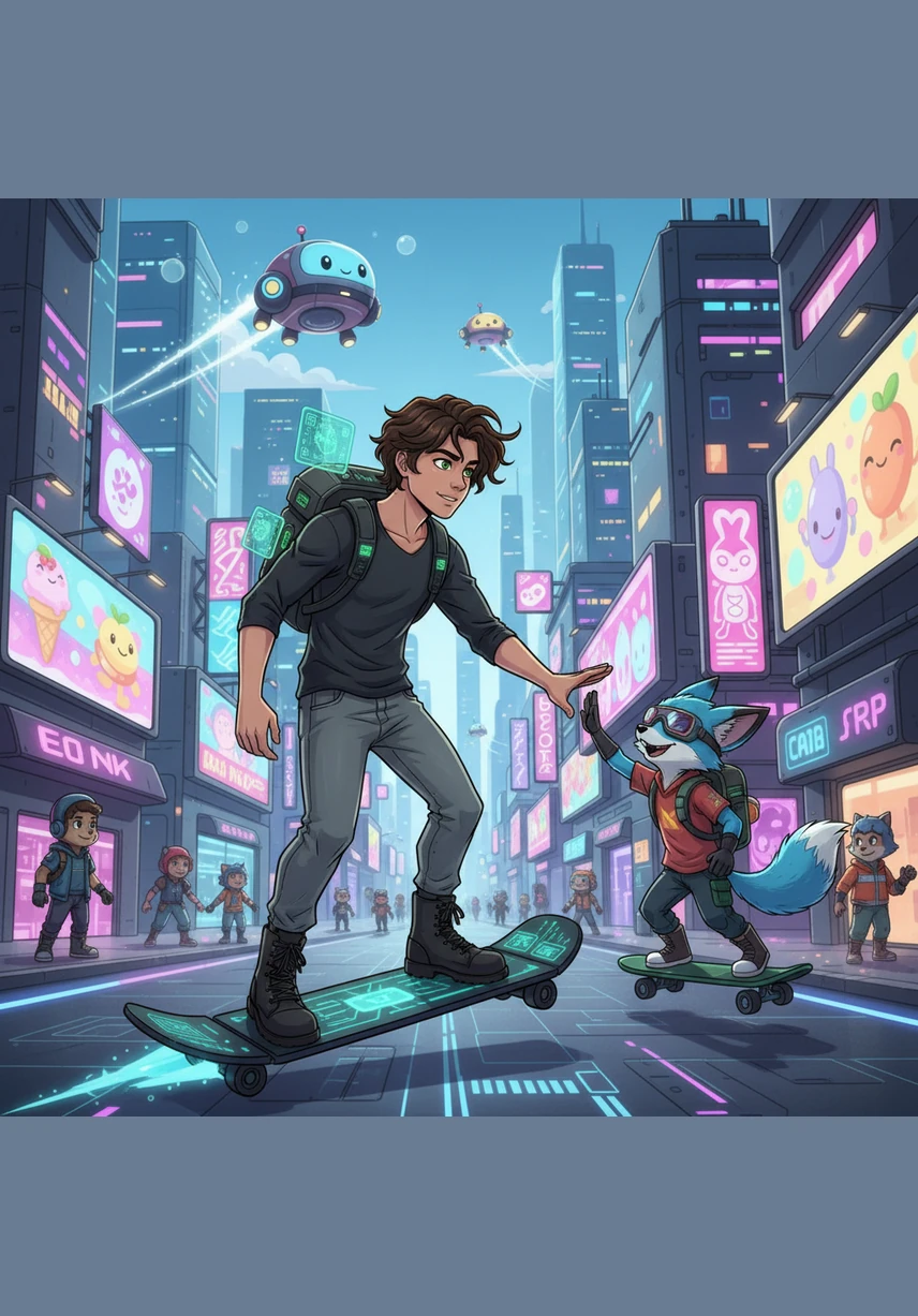 Benji stands by his school locker, his medium-length dark brown hair falling over his hazel eyes. He adjusts his tight black long-sleeve shirt and grey joggers, looking like an ordinary handsome teenager ready for the day's field trip.