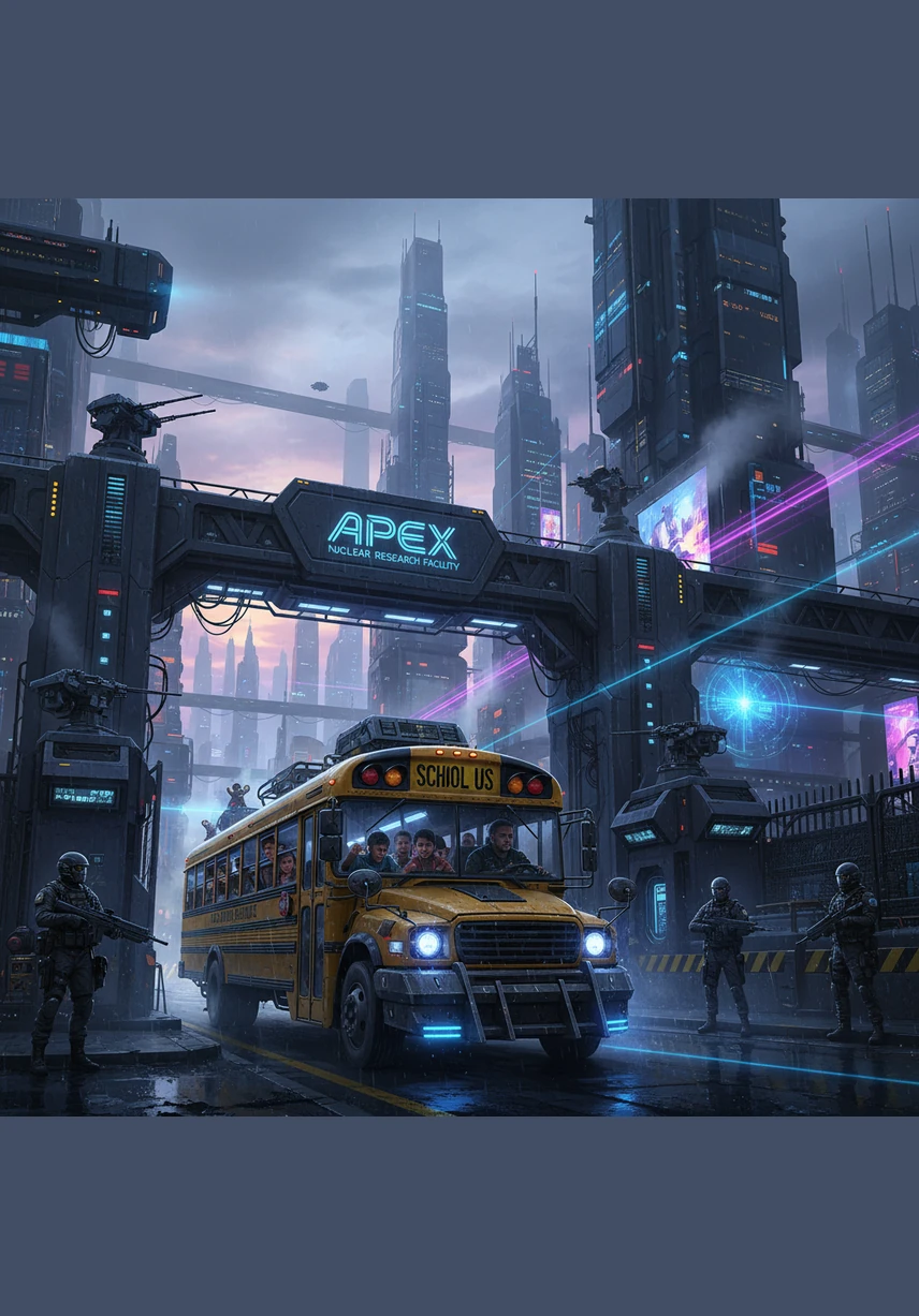 The yellow school bus pulls up to the massive, gleaming cooling towers of the Apex Nuclear Research Facility. Benji looks out the window with curiosity, unaware that this scientific marvel will soon change his life forever.