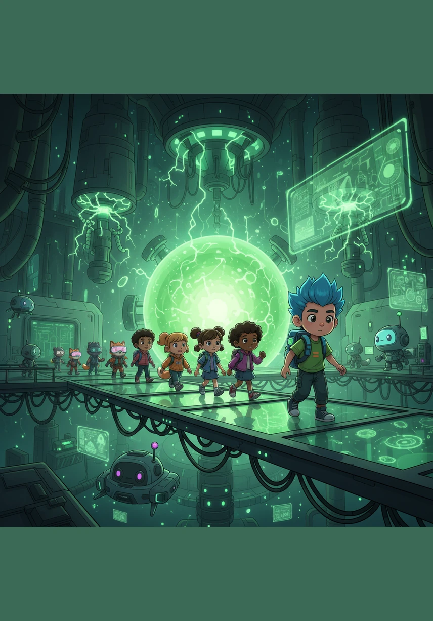 Inside the facility, Benji and his classmates walk across a high-tech catwalk overlooking the core. The air hums with electricity, and the glowing green light of the gamma reactor reflects in Benji's hazel eyes.