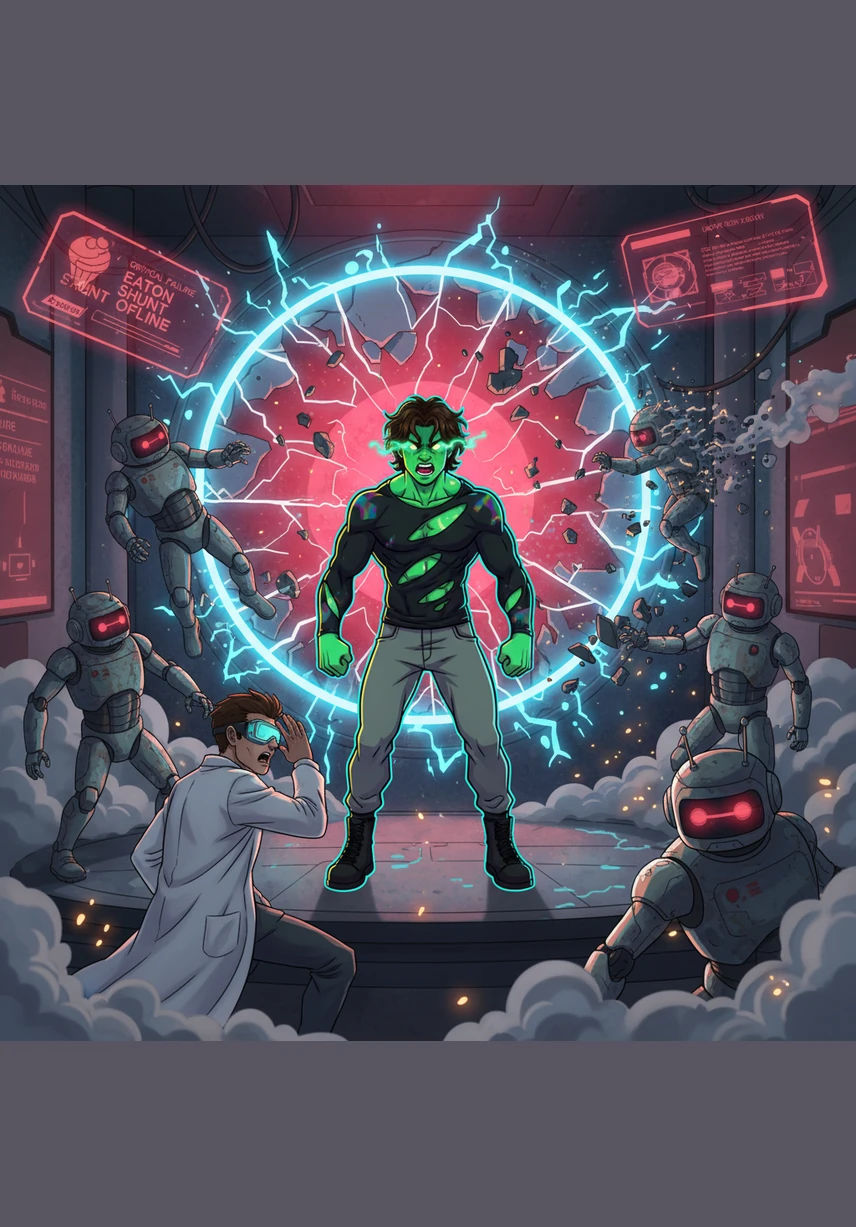 Suddenly, a siren blares and red lights flash throughout the chamber as a containment seal fails. While others run for the exit, Benji spots a technician trapped near the core and rushes toward the danger zone.