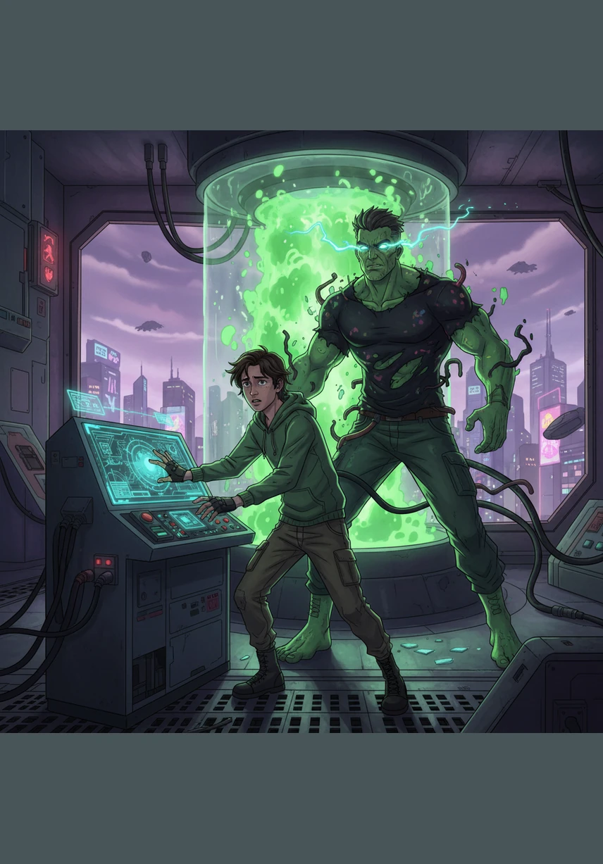 Just as Benji reaches the technician, a massive burst of emerald gamma radiation erupts from the reactor. The blinding light engulfs Benji, his silhouette flickering as the energy surges through his slim, athletic frame.