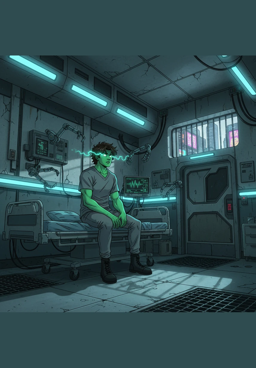 Hours later, Benji wakes up in the facility's infirmary, feeling a strange heat coursing through his veins. He looks at his hands, which are trembling with an uncontrollable, hidden power that feels like a ticking time bomb.