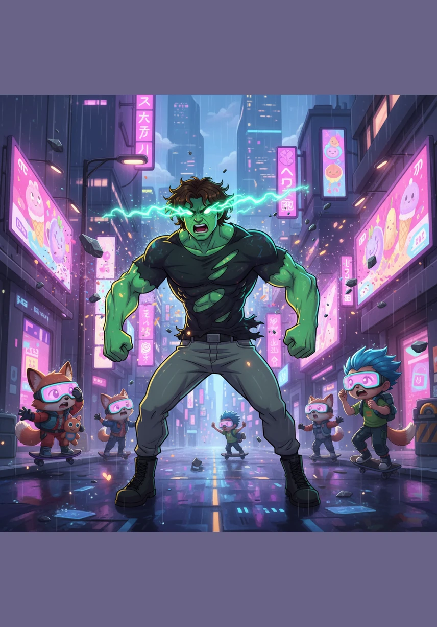 The transformation takes hold as Benji’s muscles swell and tear through his black shirt with incredible force. His handsome face contorts with pain and rage, his skin deepening into a vibrant, powerful shade of emerald green.